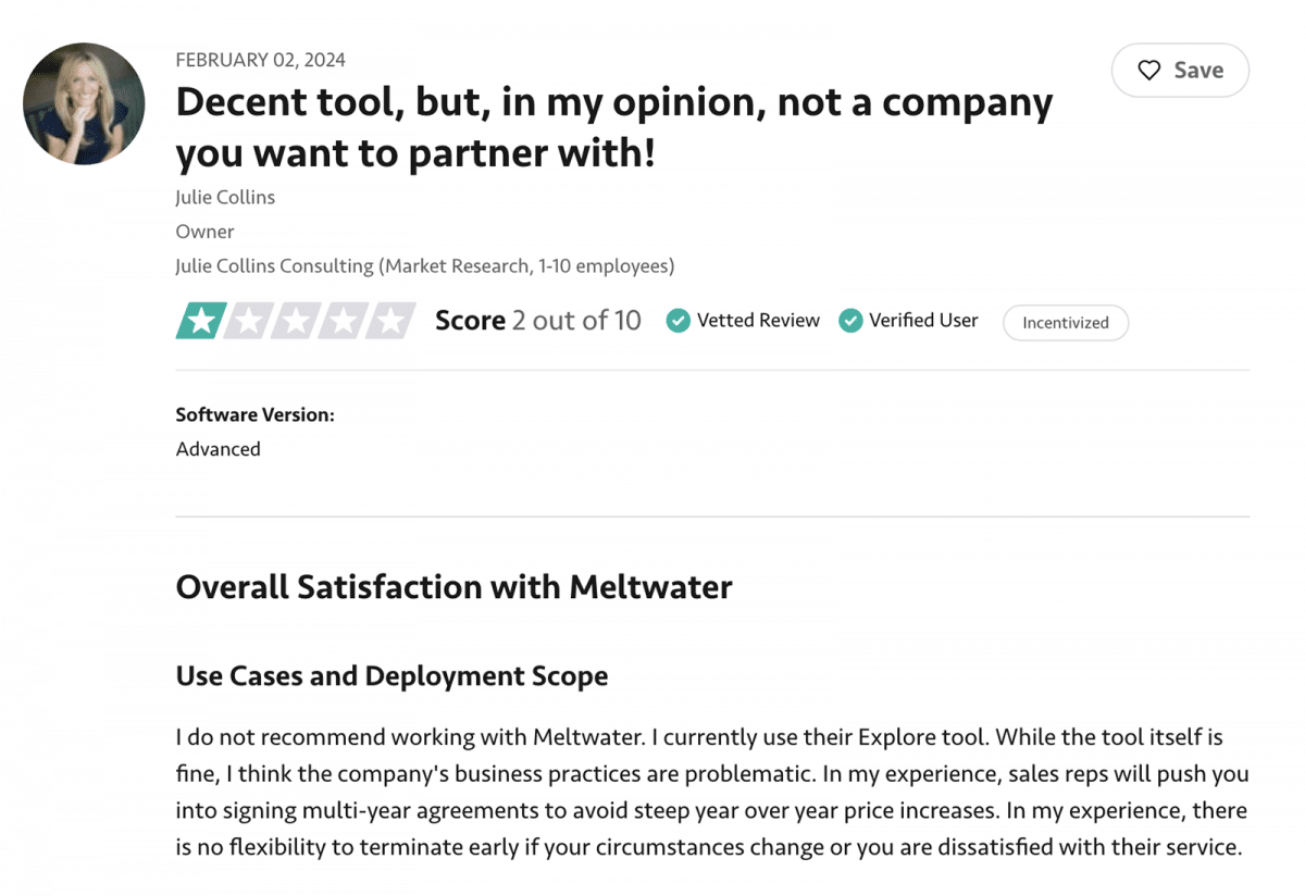 TrustRadius review of Meltwater sales tactics