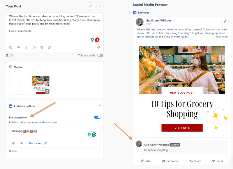 agorapulse linkedin first comment example