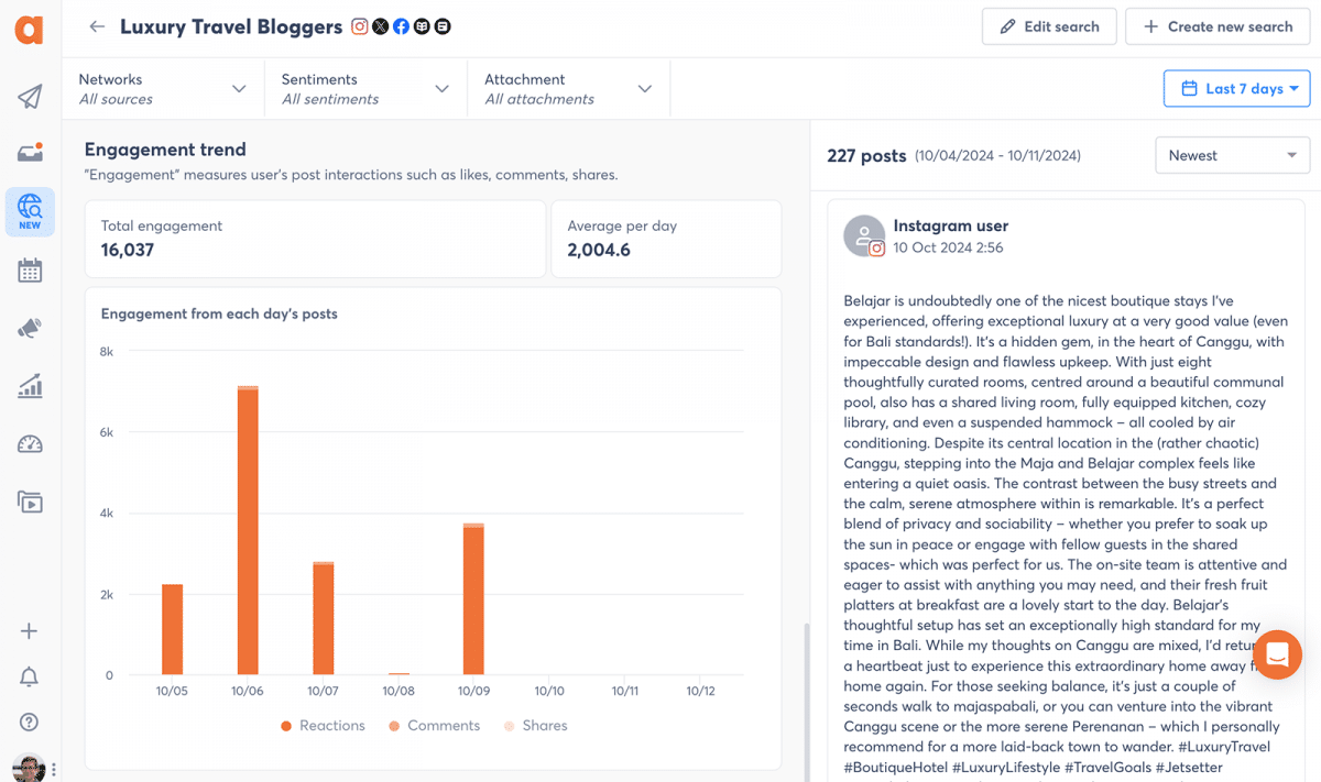 Agorapulse social listening search for luxury travel bloggers