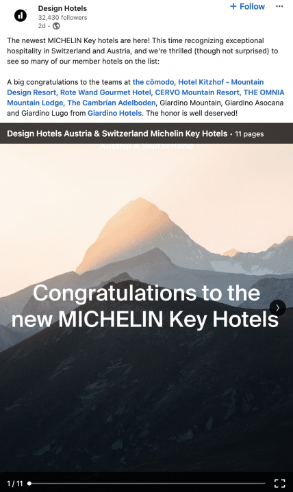 Design Hotels award post on LinkedIn