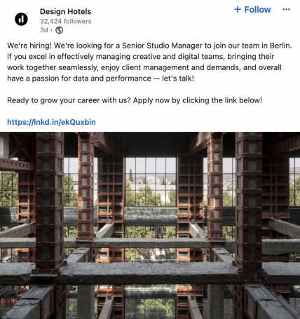 Design Hotels hiring post on LinkedIn