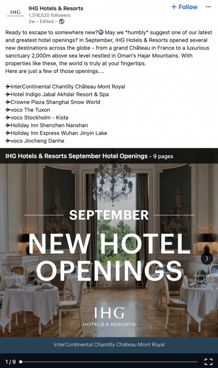 IHG hotel openings post on LinkedIn