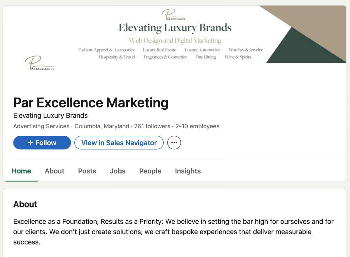 LinkedIn company page for Par Excellence Marketing