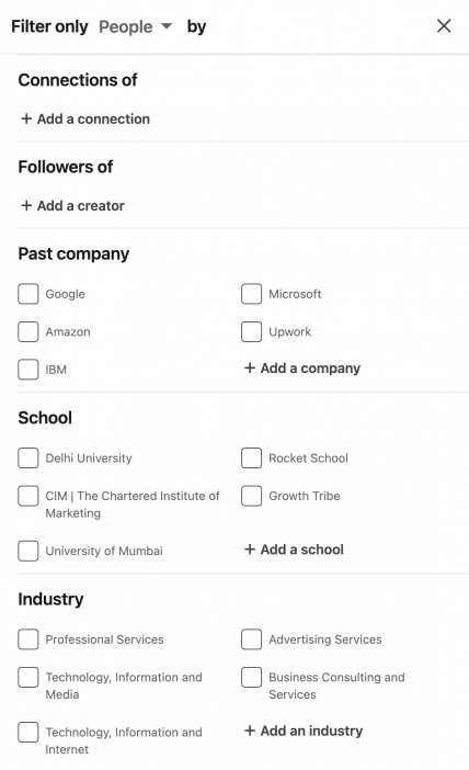 LinkedIn search filters