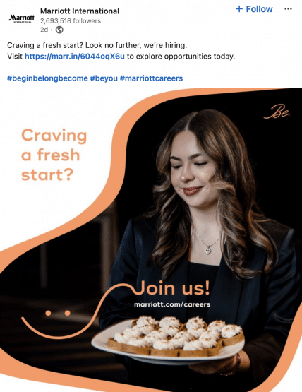 Marriott hiring post on LinkedIn