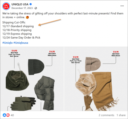 uniqlo shipping cutoffs screenshot