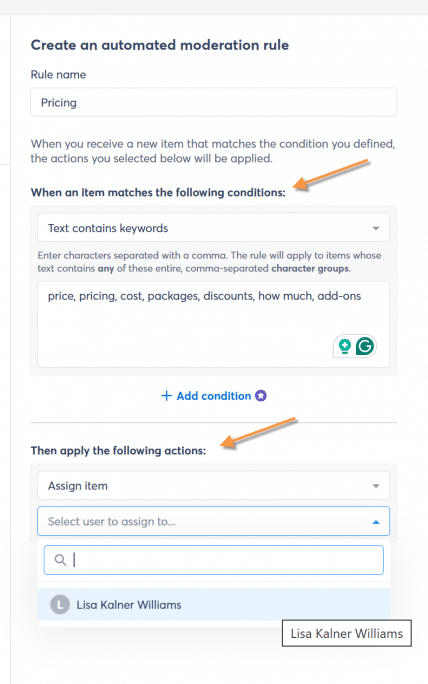 screenshot of how to automate assignments of comments