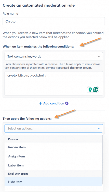 screenshot of setting up automation to hide particular comments