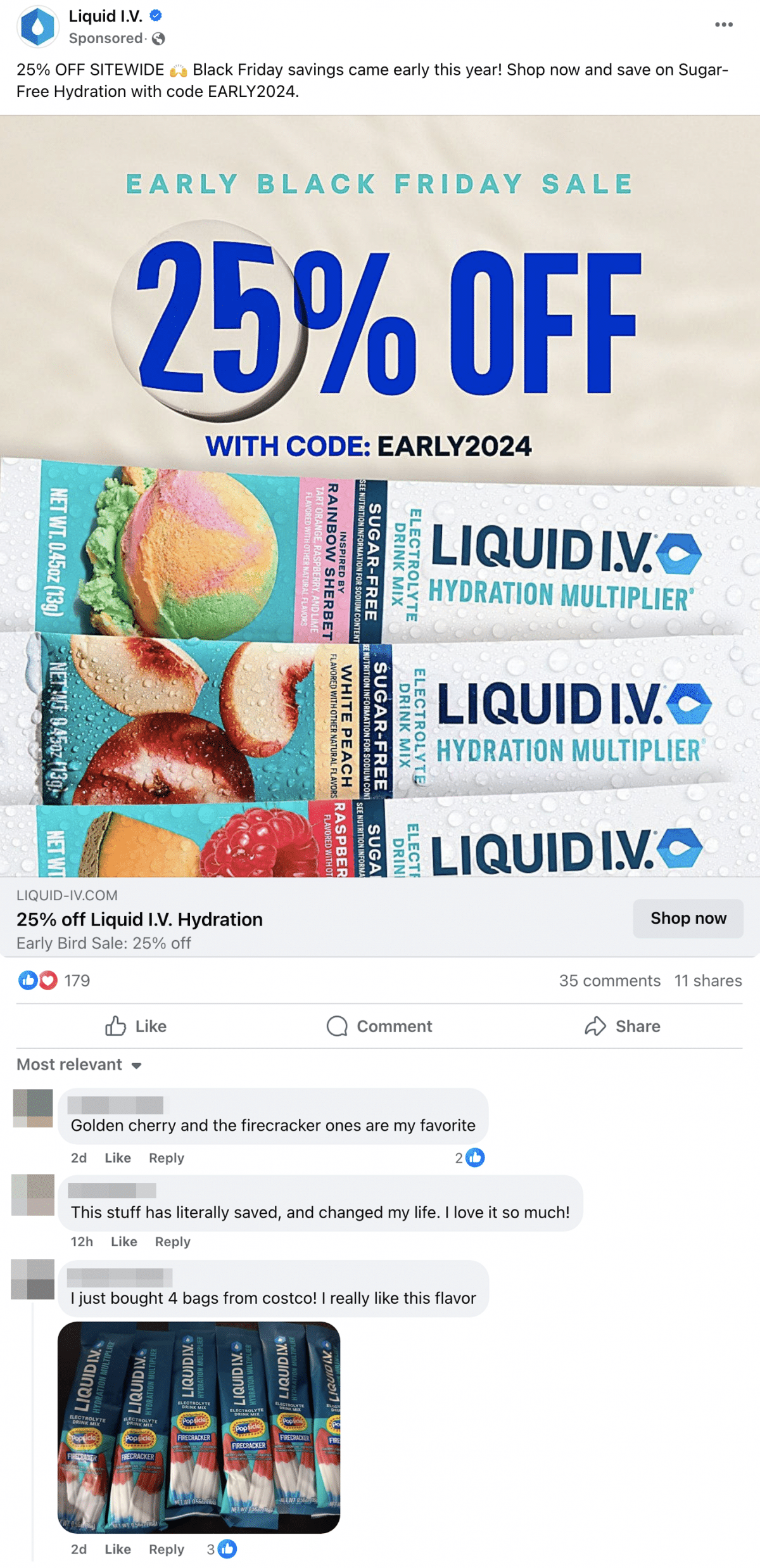 comments on a Facebook ad by Liquid I.V.