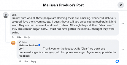 screenshot of melissa's produce handline a negative facebook comment