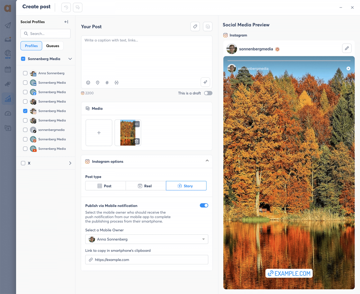 Agorapulse Instagram story link sticker feature