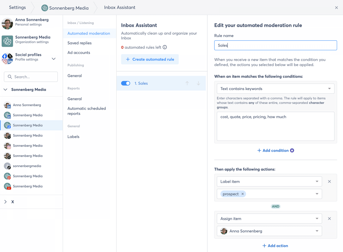 Agorapulse automated inbox moderation rule