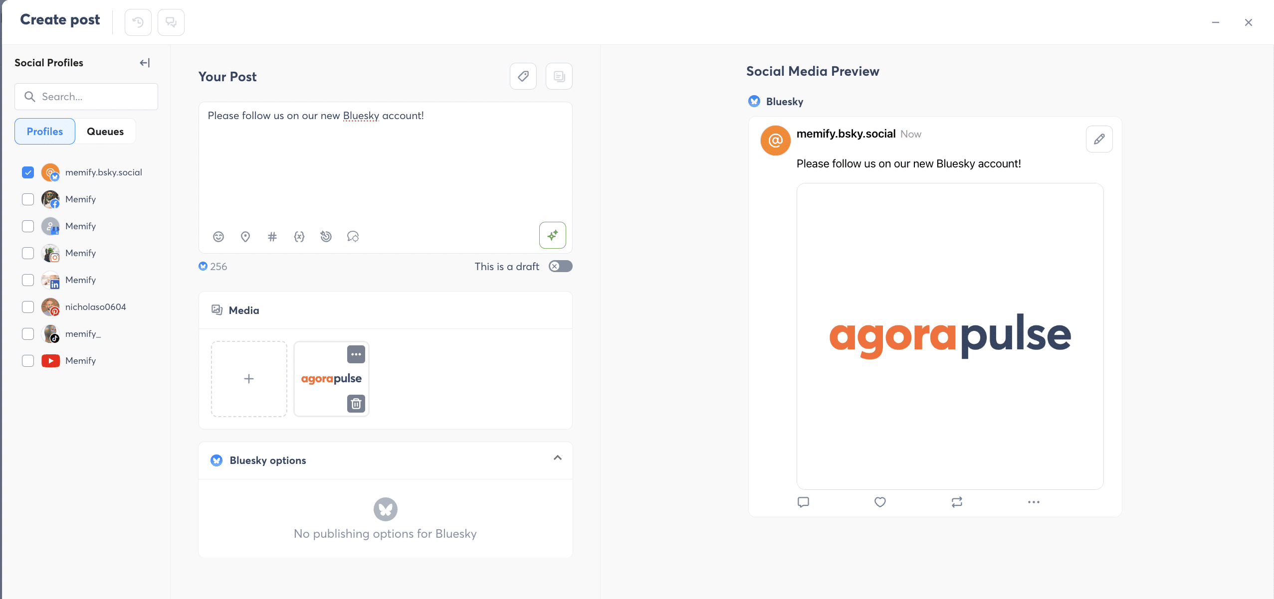 Bluesky publishing interface in Agorapulse
