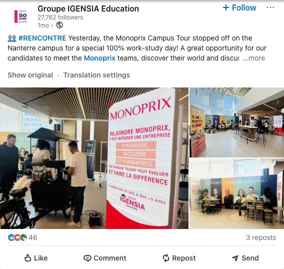 LinkedIn post from Igensia Education Group showing campus-specific content