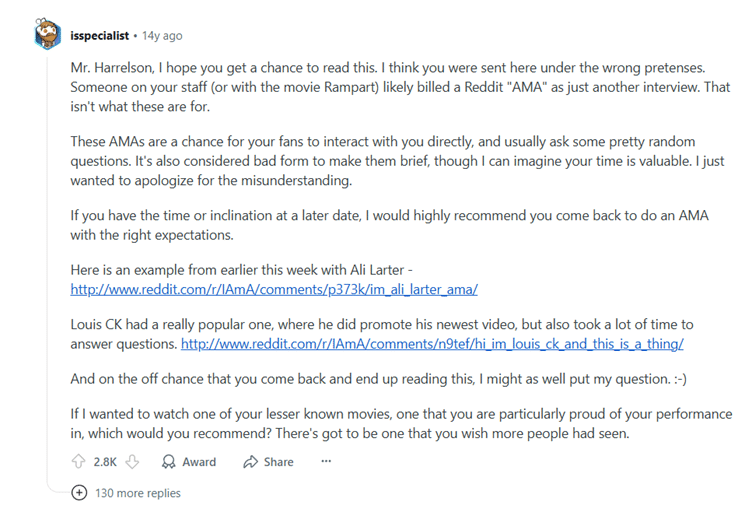 Reddit social listening example: Woody Harrelson's Reddit AMA