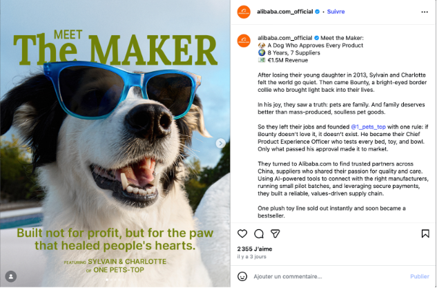 Happy white dog wearing blue sunglasses, featured as product tester for a heartfelt pet goods brand on Alibaba