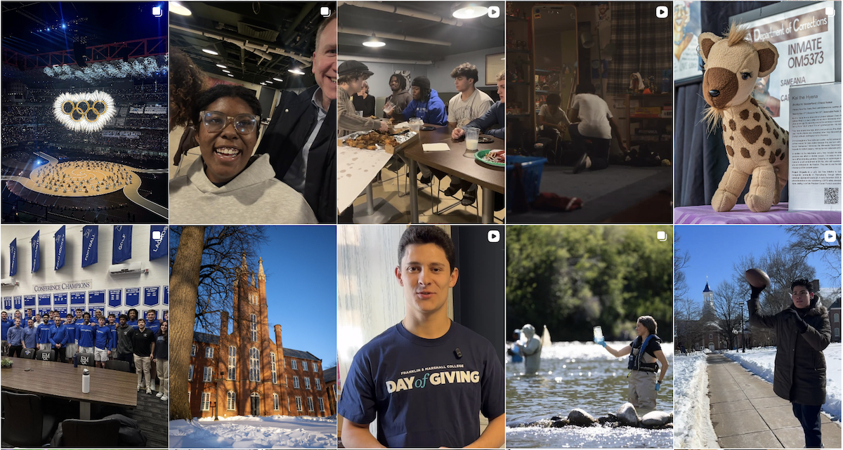 Grid of student life moments at Franklin & Marshall College, including events, campus scenes, and student activities across seasons