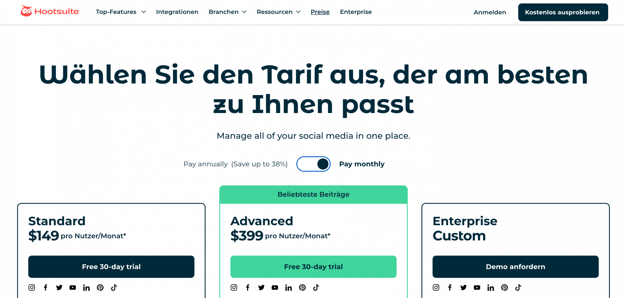 Hootsuite Tarife Übersicht der Kosten