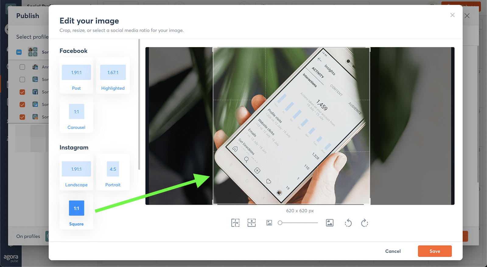 Social-Media-Teams können Ihre Bilder kinderleicht in Agorapulse für die jeweilige Plattform erstellen und anpassen, auch eine Canva-Integration steht zur Verfügung