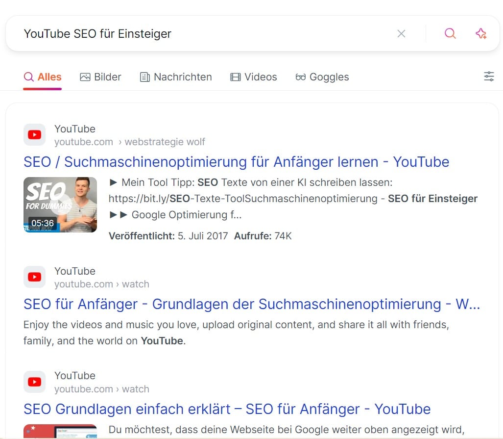 YouTube SEO für Einsteiger:innen: Beispiel SERP in der Google-Suche