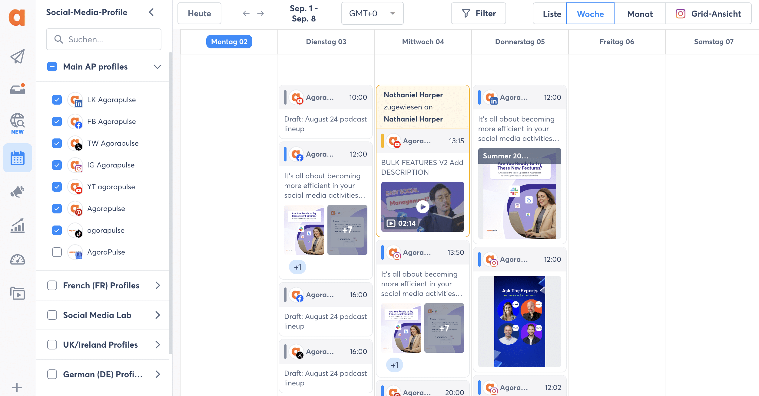 Beitragskalender des Social-Media-Tools Agorapulse - Wochenansicht