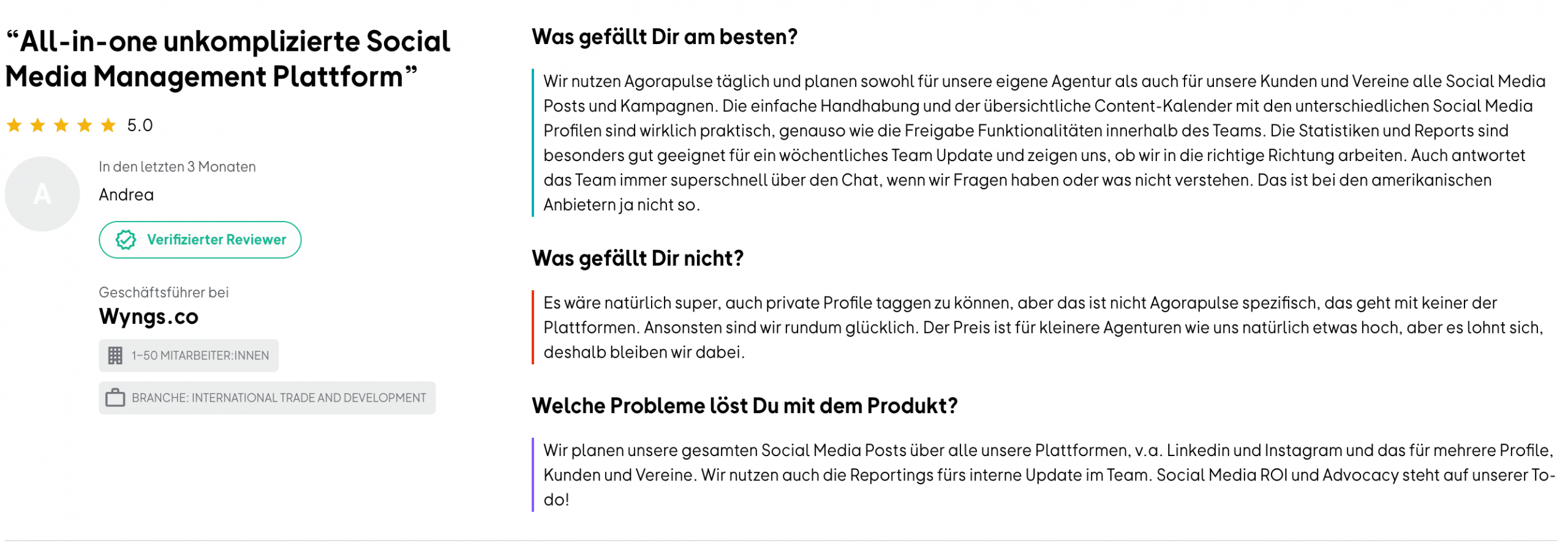 Kundenbewertung beschreibt die positive Erfahrung mit Agorapulse