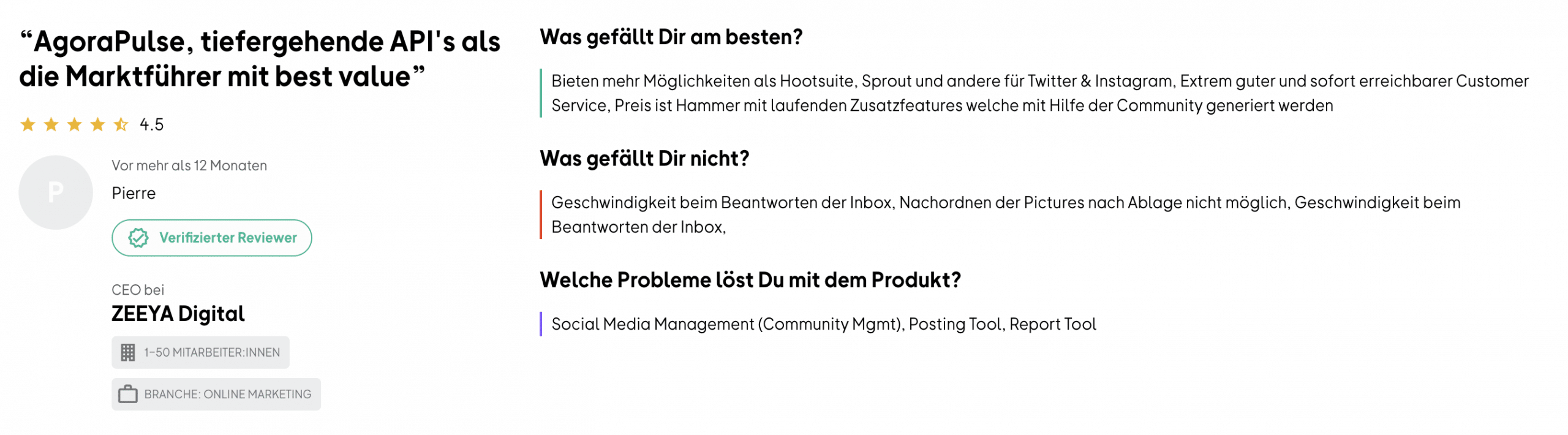 Bewertung lobt den schnellen und effizienten Kundenservice von Agorapulse