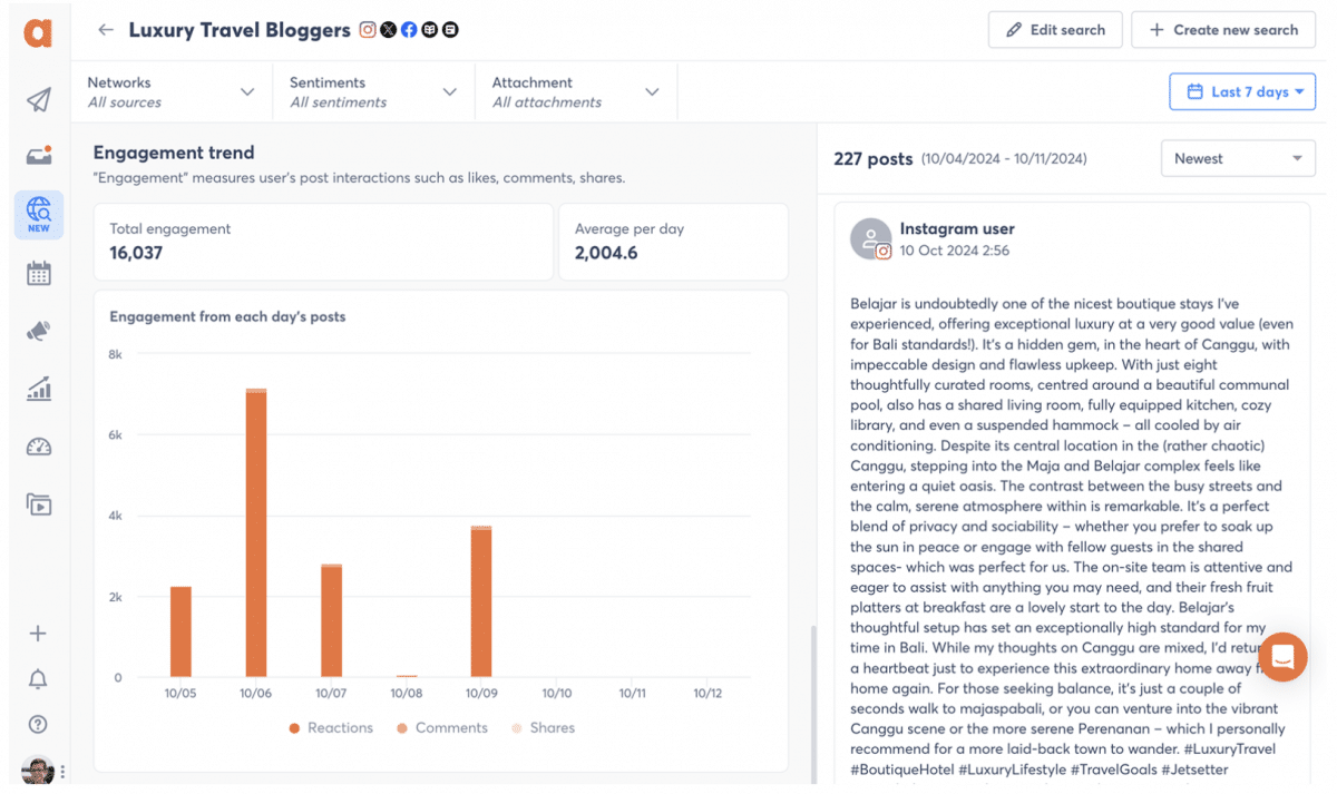 Agorapulse Social Listening Suche für Luxus-Reiseblogger