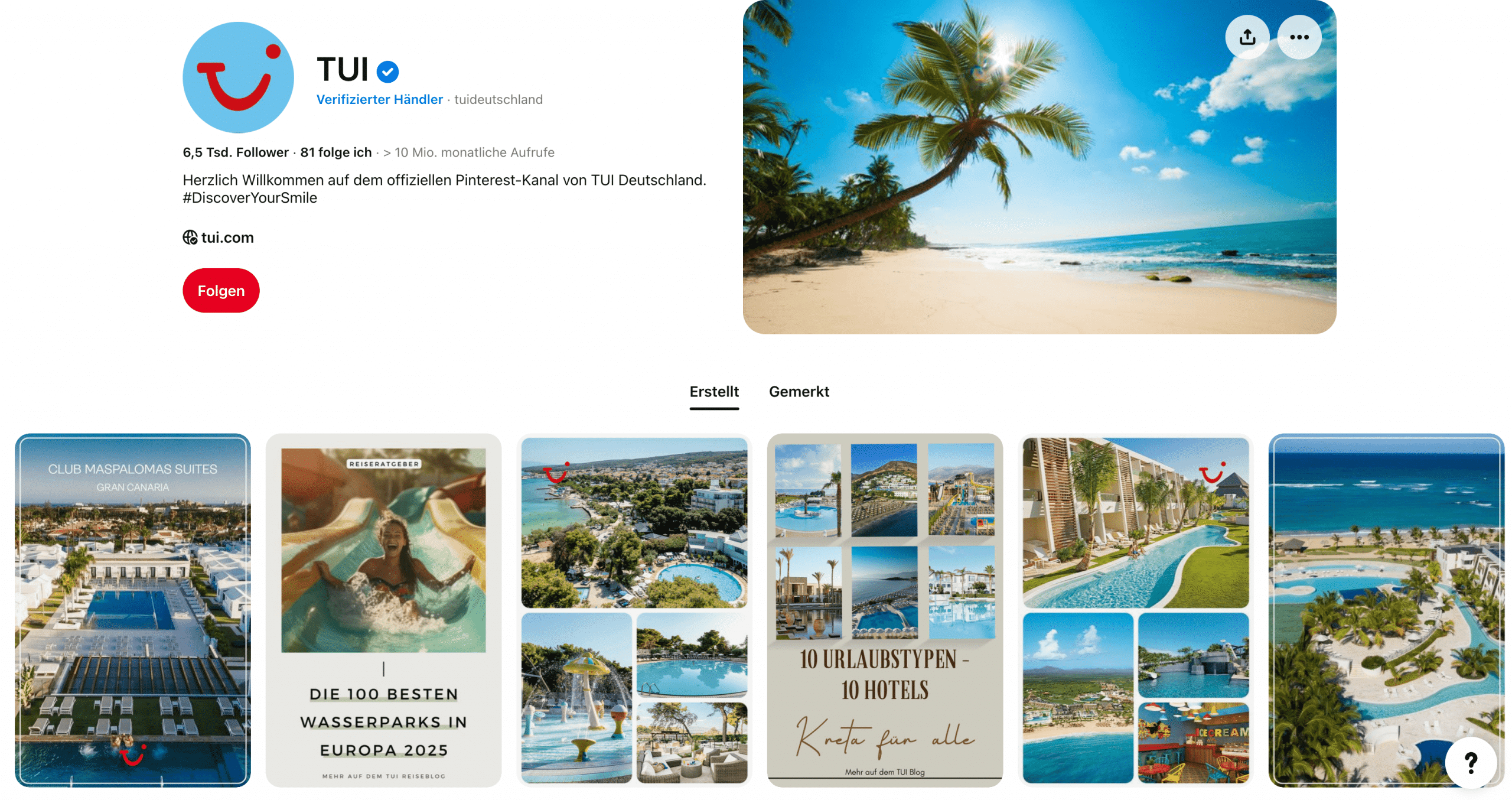 Pinterest-Marketing Beispiel für Hospitaltiy: TUI