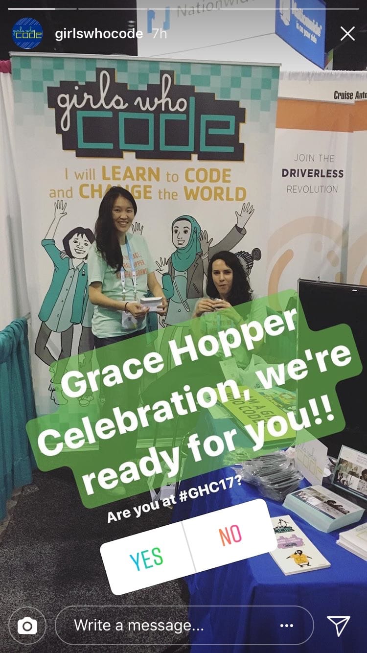Photo of women at a Girls Who Code event. Text on top of photo says: "Grace Hopper Celebration, we're ready for you!!" The Poll sticker says: "Are you at #GHC17?" with buttons to select YES or NO.