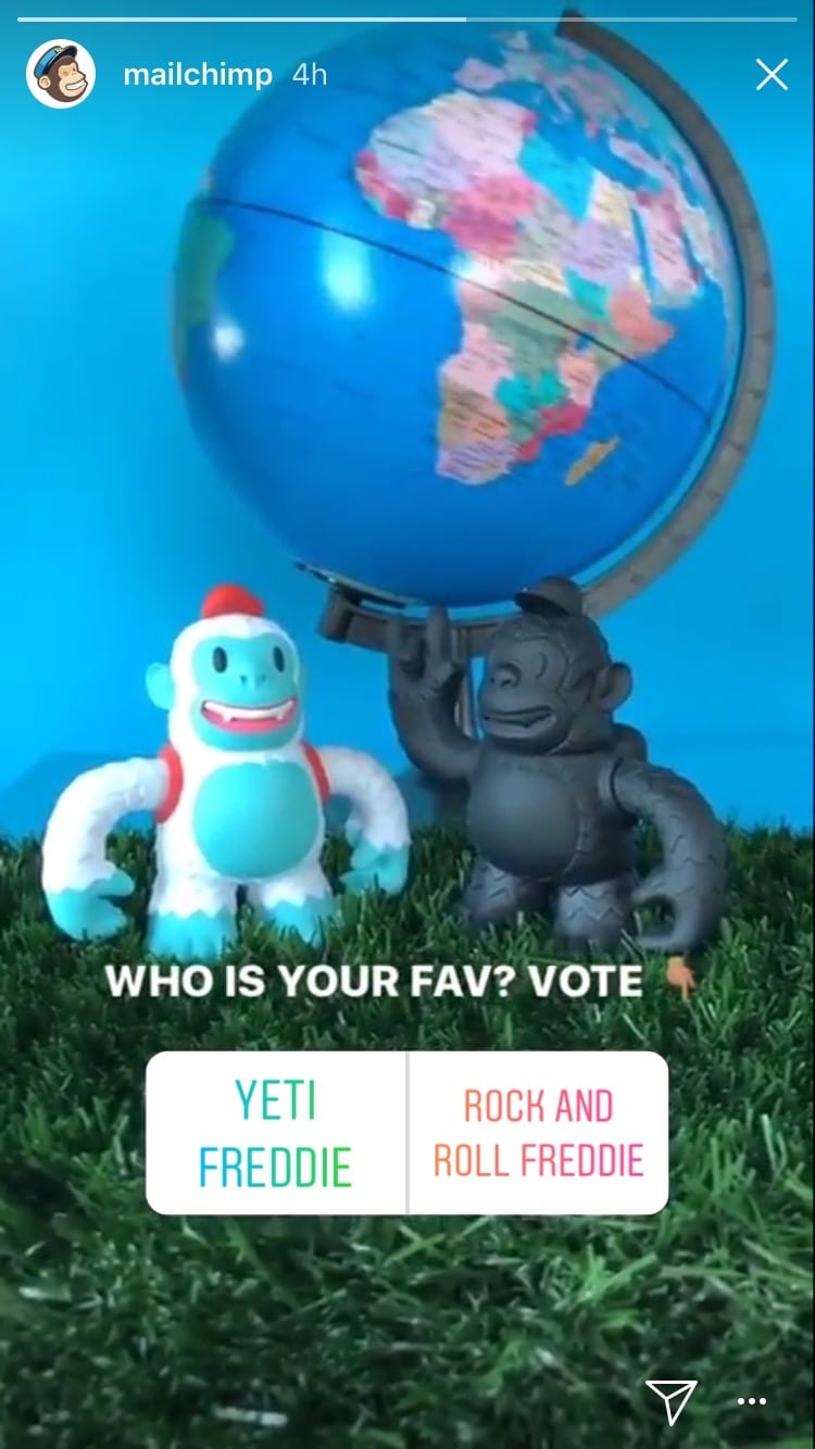 Photo of two monkey figurines. Text reads: "Who is your fav? Vote" Two buttons read: "Yeti Freddie" and "Rock and Roll Freddie"