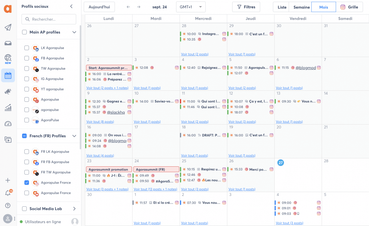 vue Calendrier de plusieurs comptes Instagram depuis Agorapulse