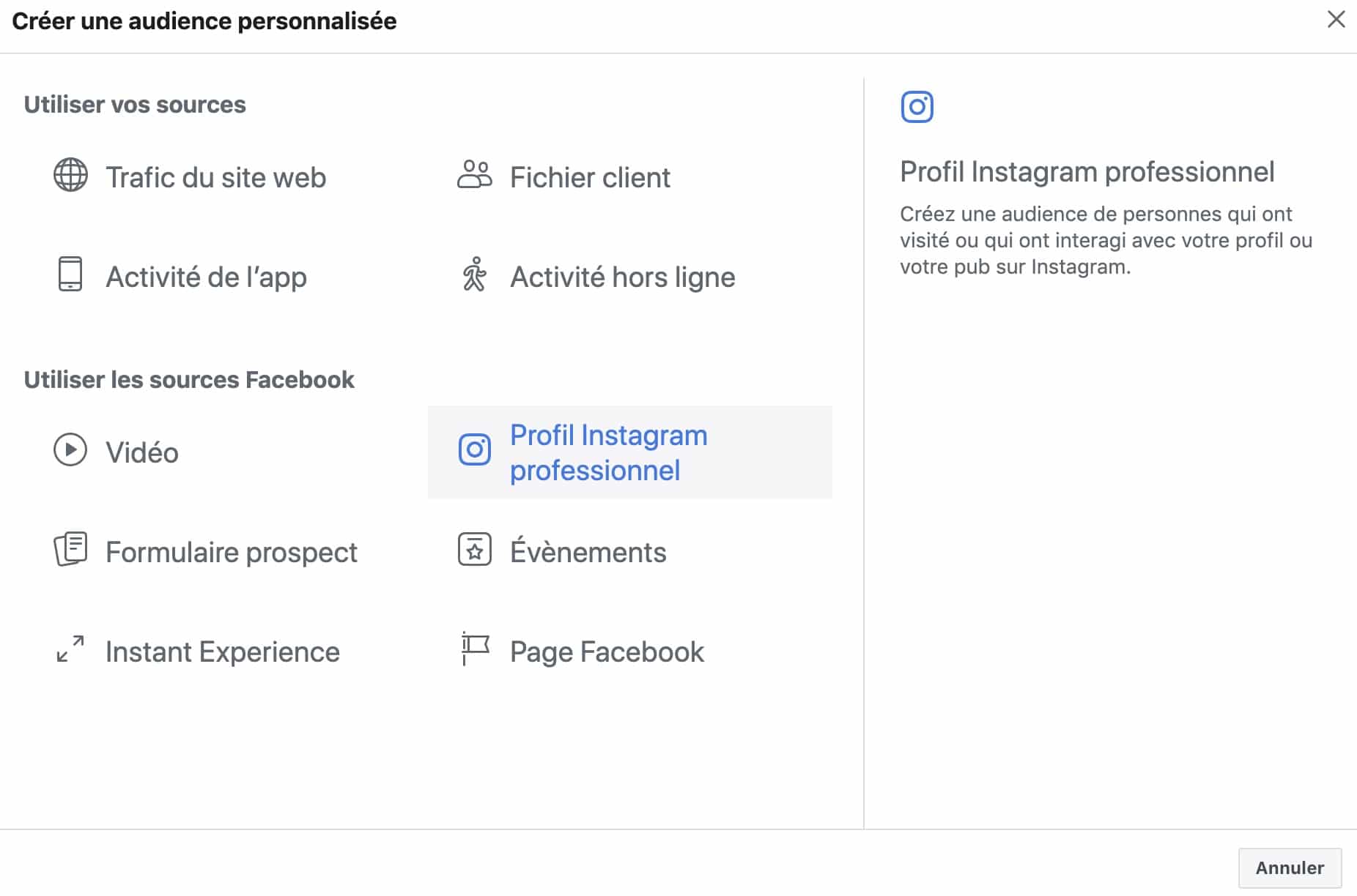 créer une audience personnalisé basée sur votre compte Instagram pour vos publicités Facebook