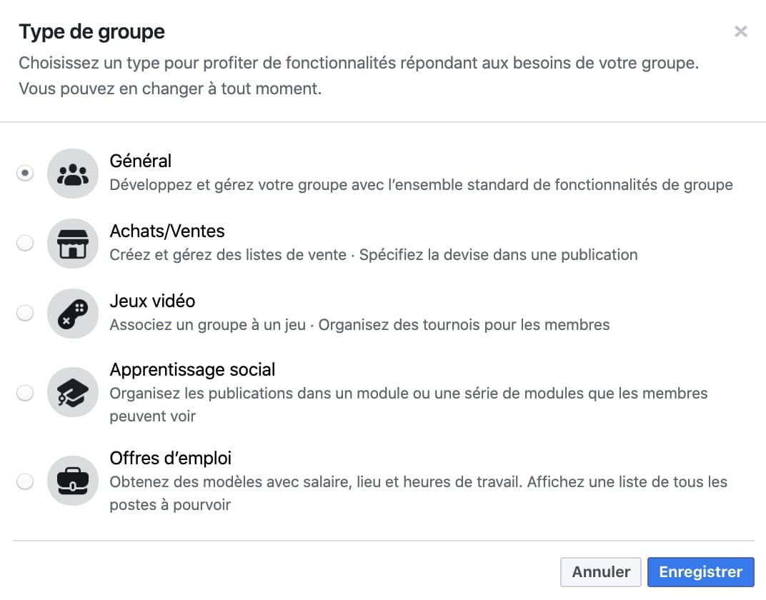 liste des différents types de groupe Facebook