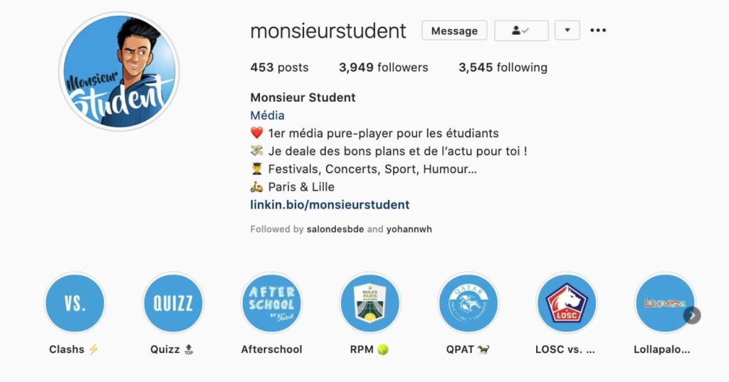 Exemple d'highlights sur Instagram