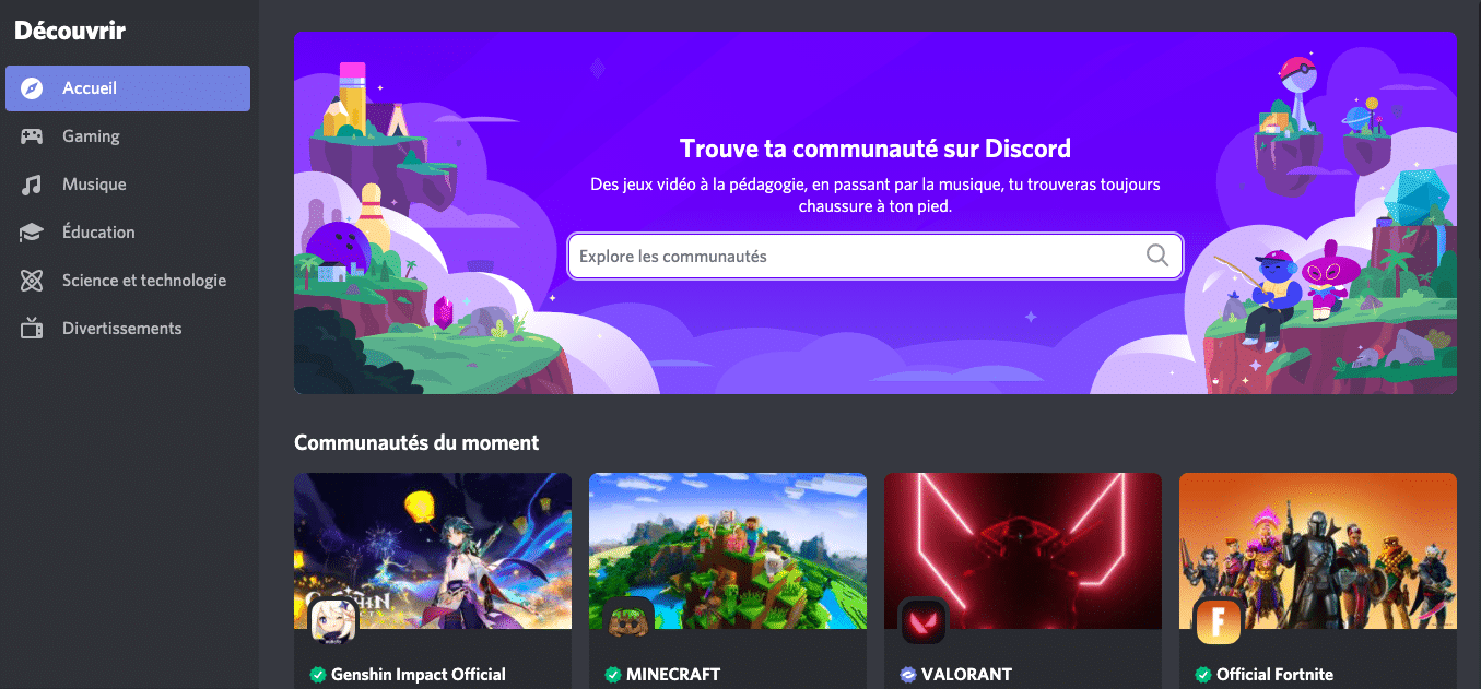 Page d'accueil Discord