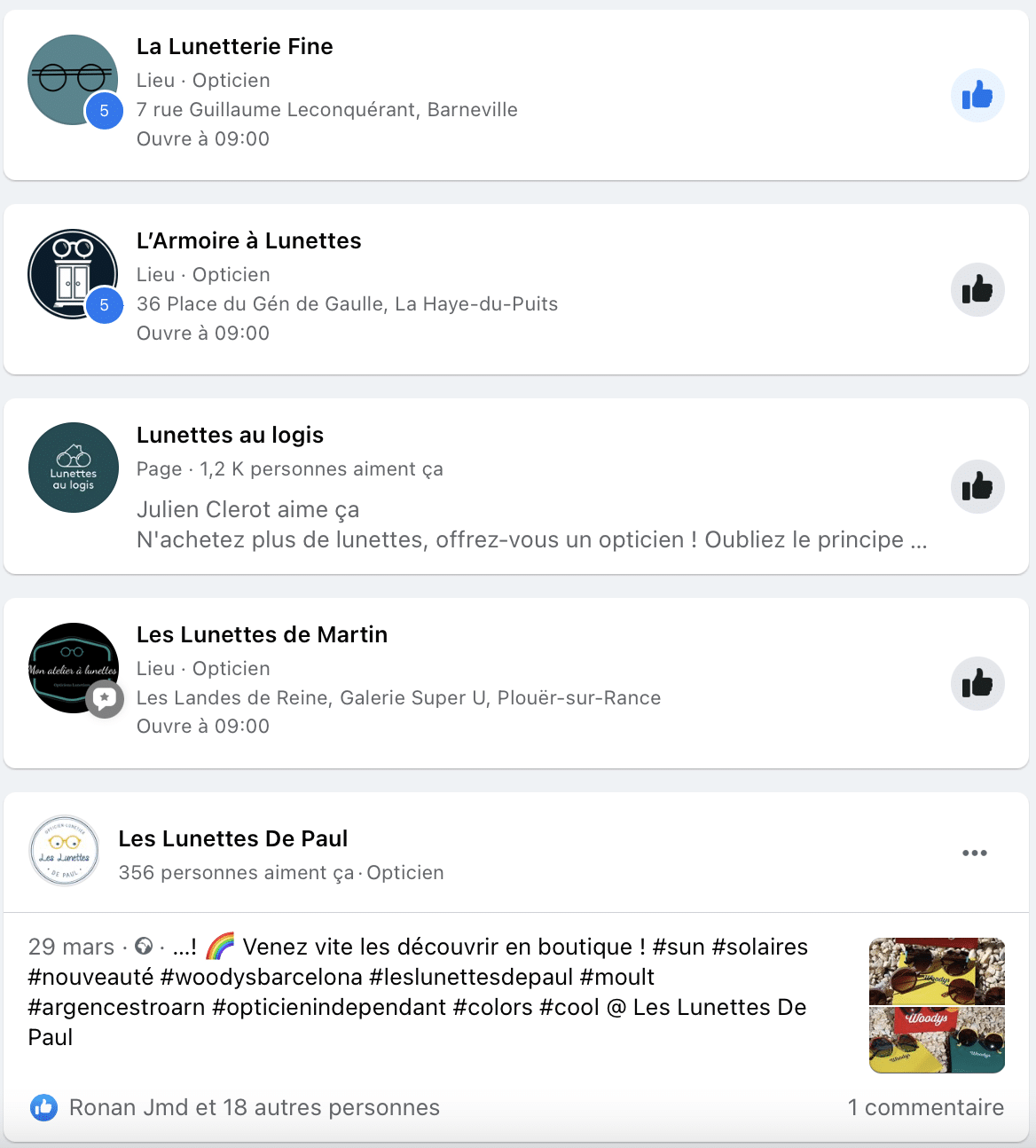 pages lieux facebook : exemple de recherche locale