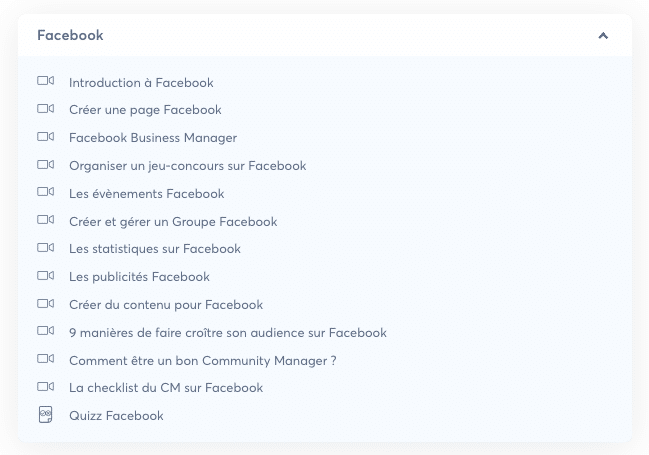 la liste de cours dans le module Facebook de la social media manager school