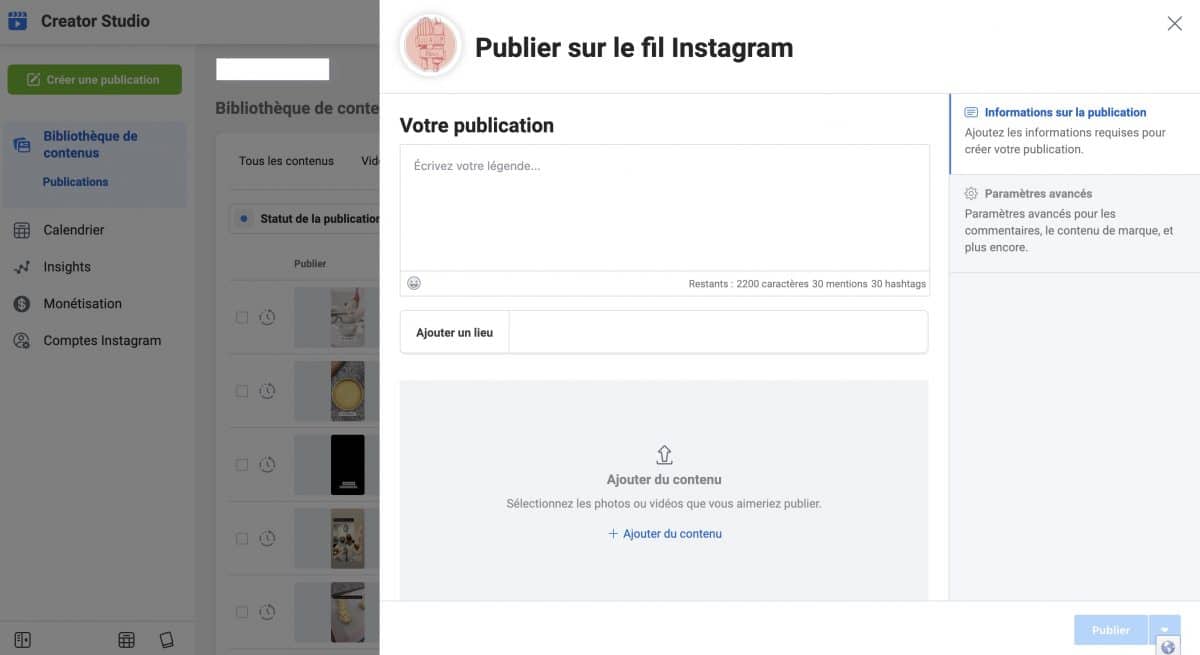 interface du Creator Studio pour créer une publication Instagram
