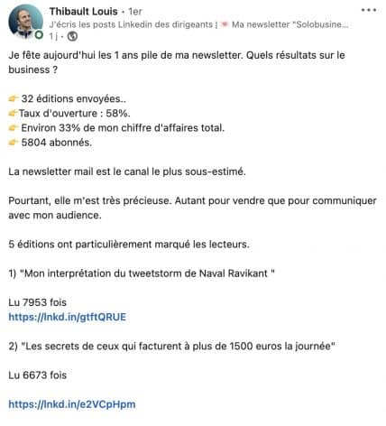 Post LinkedIn de Thibault Louis