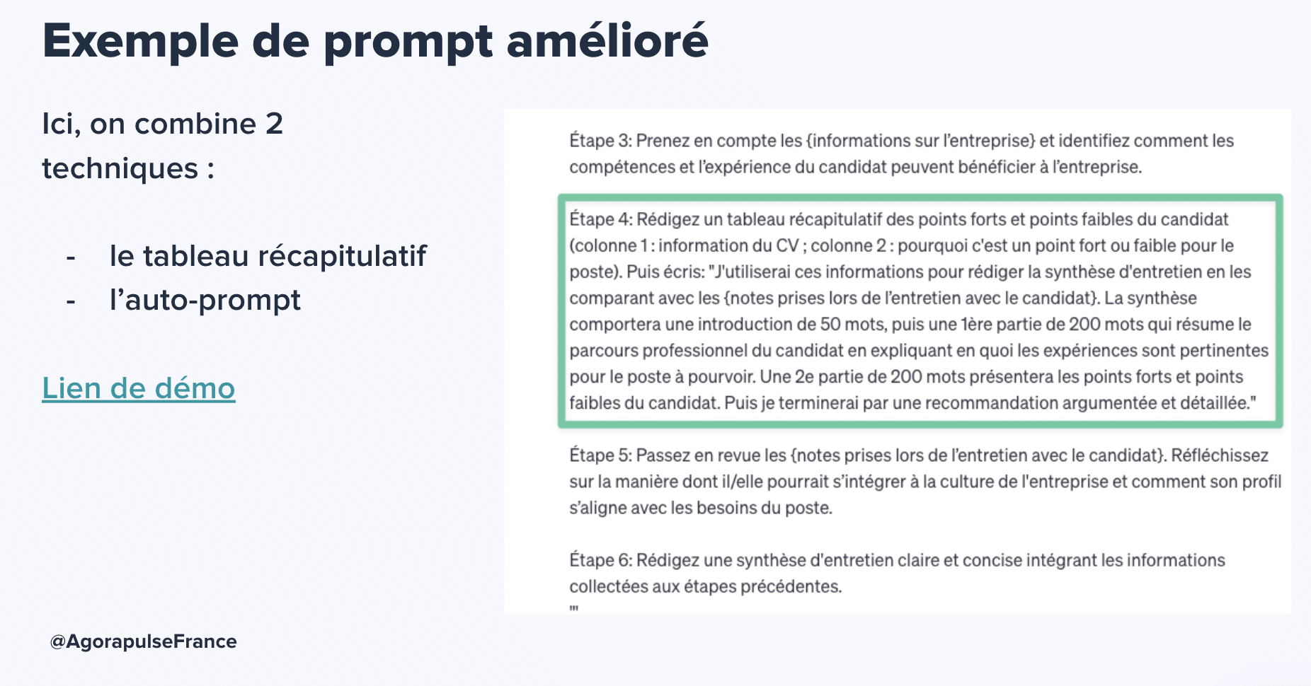 Un exemple de prompt ChatGPT utilisant la technique du tableau récapitulatif et de l’auto-prompt