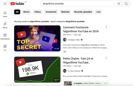 Screenshot recherche YouTube Algorithme