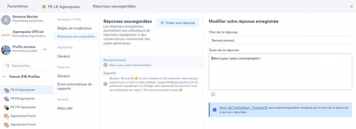 réponses sauvegardées Agorapulse Merci