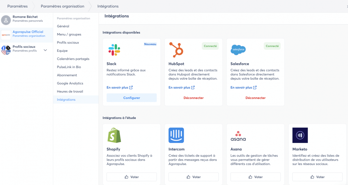 Intégrations disponibles sur Agorapulse