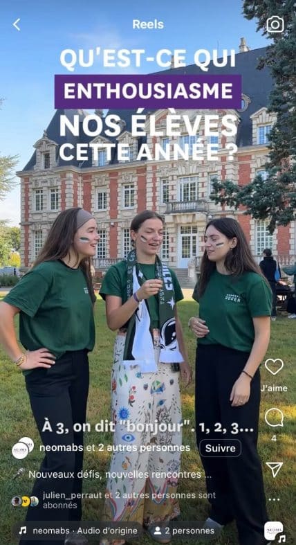 école de commerce enseignement supérieur réseaux sociaux Neoma Reels Instagram