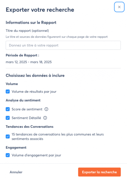 Capture d'écran d'export de l'outil Agorapulse listening