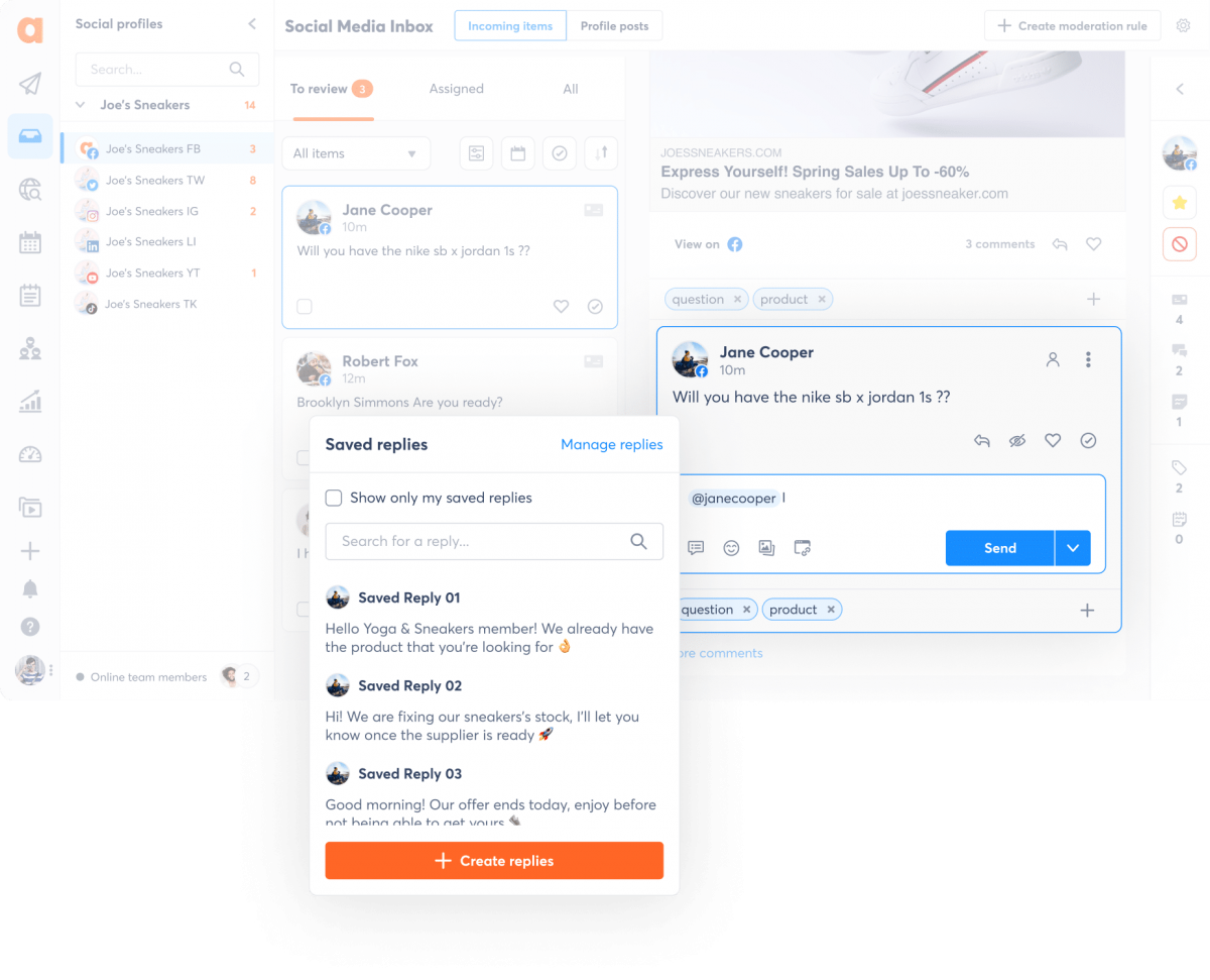 capture d'écran de l'inbox social media