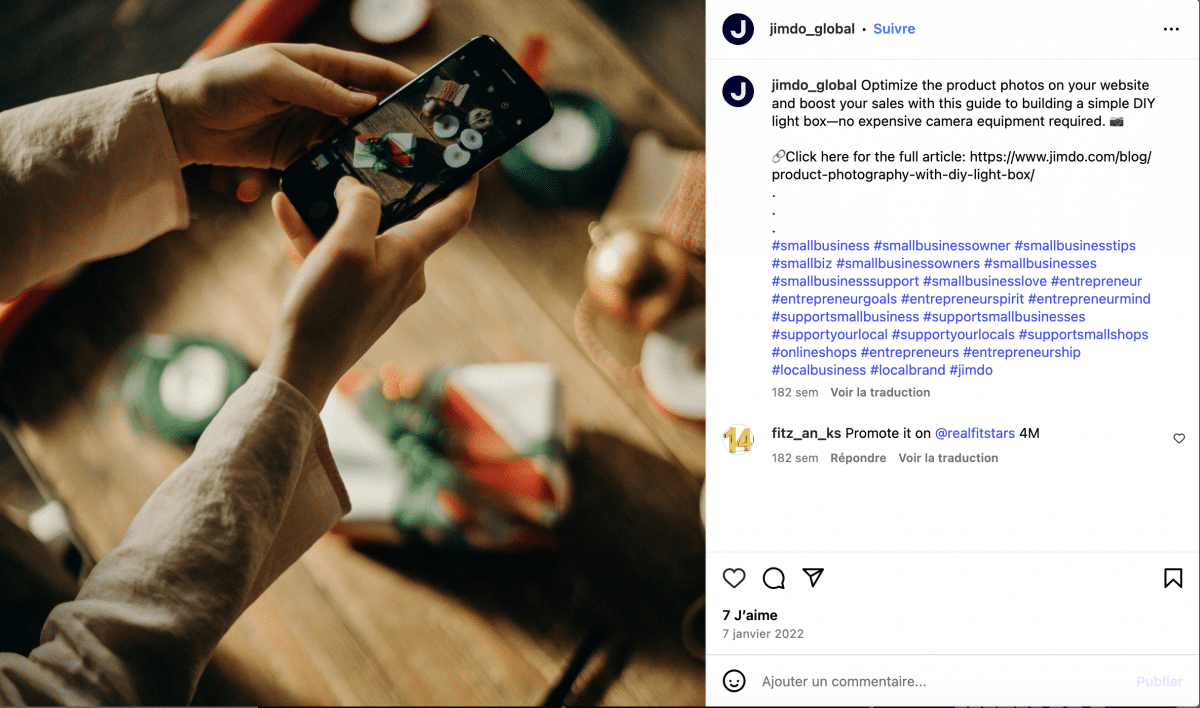 Capture d'écran du compte Instagram de Jimdo