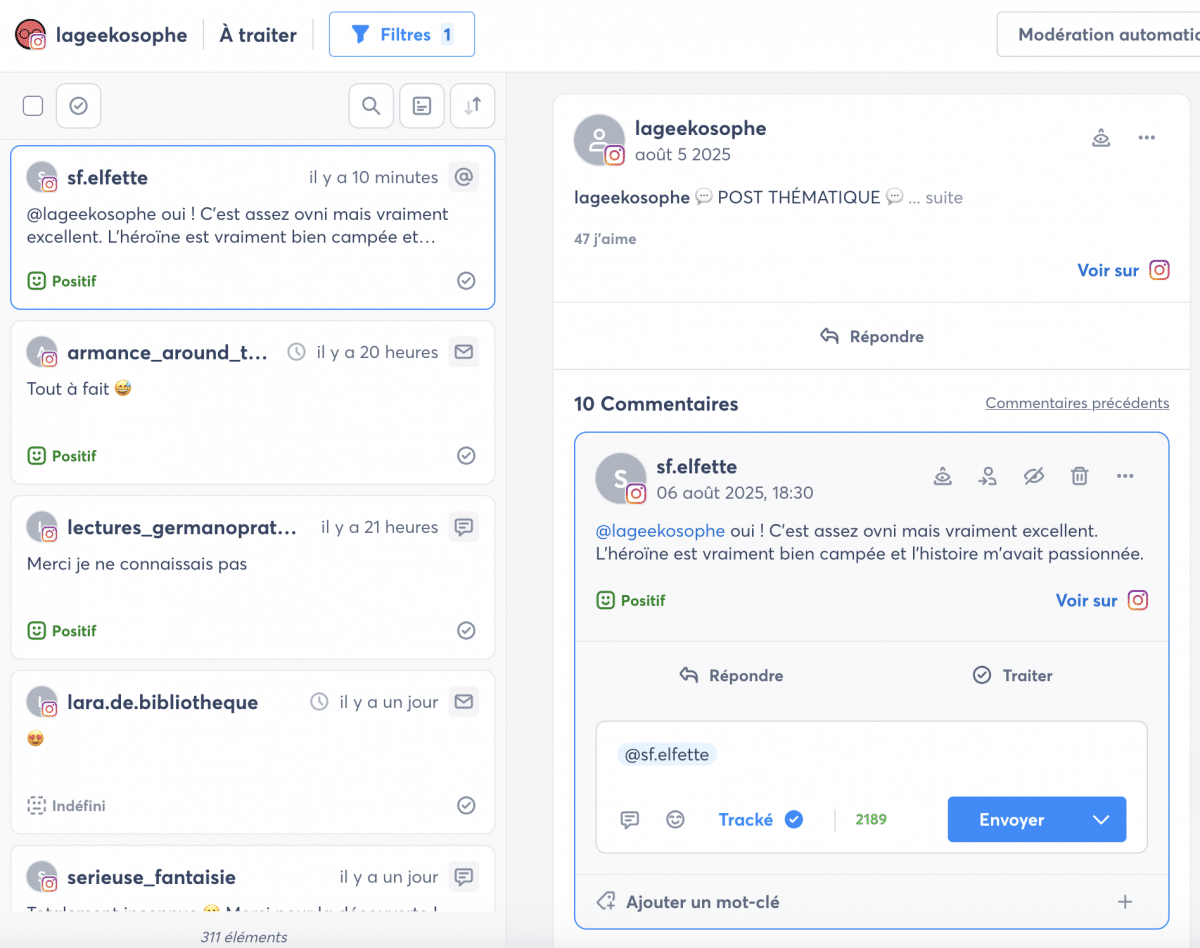 Capture d'écran Agorapulse - sentiment et attribution de commentaires