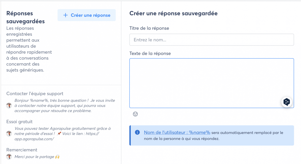 Capture d'écran de réponses sauvegardées sur la plateforme Agorapulse.